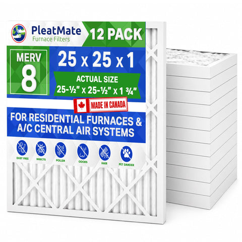 25x25x1 Furnace Filter MERV 8 Pleated Filters. Case of 12