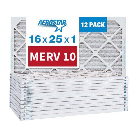 Aerostar 16x25x1 MERV 10  Pleated Furnace Air Filters. Case of 12