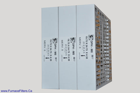 20x25x5 Furnace Filter Replacement MERV 8.. Actual Size 19 3/4" x 24 3/4" x 4 3/8." Made in Canada by Furnace Filters.Ca Pkg. of 3
