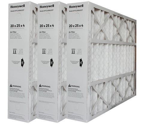 Honeywell 20x25x4 Furnace and A/C Filter. Part # FC100A1037. Actual Size of Filter is 19 15/16" x 24 7/8" x 4 3/8". Package of 3.